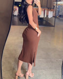 High Neck Sleeveless Side Slit Dress With Pocket(With Belt)