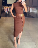 High Neck Sleeveless Side Slit Dress With Pocket(With Belt)