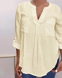 V Neck Roll Up Sleeve Back Button Blouse Casual Top with Pocket