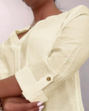 V Neck Roll Up Sleeve Back Button Blouse Casual Top with Pocket