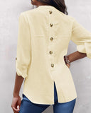 V Neck Roll Up Sleeve Back Button Blouse Casual Top with Pocket