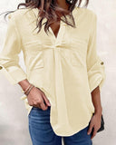V Neck Roll Up Sleeve Back Button Blouse Casual Top with Pocket