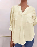 V Neck Roll Up Sleeve Back Button Blouse Casual Top with Pocket