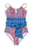 Blue Geometric Print Hollow Out Knotted Waist One Piece Swimsuit