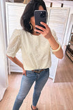 Beige Eyelet Embroidered Half Sleeve Casual Blouse