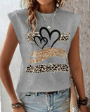 Leopard Print Heart Pattern Cap Sleeve T Shirt Casual Loose Fit Tank Top