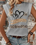 Leopard Print Heart Pattern Cap Sleeve T Shirt Casual Loose Fit Tank Top