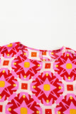 Strawberry Pink Geometric Print Shirred Cuff 3/4 Sleeve Loose Blouse