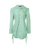 Striped Turn down Collar Long Sleeve Dress Button Drwastring  Shirred Dress