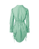 Striped Turn down Collar Long Sleeve Dress Button Drwastring  Shirred Dress