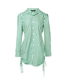 Striped Button Down Shirt Dress Back Shirred Long Sleeve Side Drawstring Mini Dresses