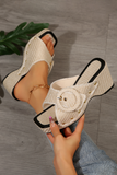 Beige Woven Buckle Decor Square Toe Chunky Wedge Slippers