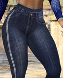 High Waist Fake Jean Leggings Side Polka Dot Yoga Pants Butt Lifting Tights Workout Trousers