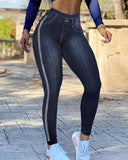 High Waist Fake Jean Leggings Side Polka Dot Yoga Pants Butt Lifting Tights Workout Trousers