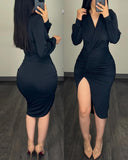 Deep V Neck Long Sleeve Ruched Bodycon Dress Slit Asymmetrical Midi Dress with Shoulder Pads