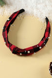 Red Dahlia Pearl Decor Christmas Plaid Knotted Headband