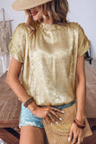 Gold Solid Color Metallic Ruched Sleeve Back Knot Blouse