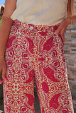 Red Paisley Printed Buttoned High Waist Straight Leg Pants