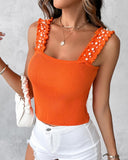 Frill Hem Pearls Decor Square Neck Knit Tank Top