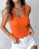 Frill Hem Pearls Decor Square Neck Knit Tank Top