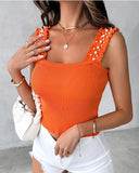 Frill Hem Pearls Decor Square Neck Knit Tank Top