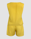 2 Pieces Outfit V Neck Sleeveless Tank Top and Casual Pockets Design Shorts Set