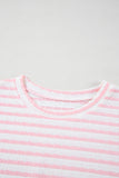 Pink Stripe Knitted Short Sleeve Top and Drawstring Shorts Set