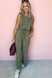 Vineyard Green Buttoned Drawstring Waist Sleeveless Wide Leg Jumpsuit