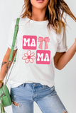 White MAMA Bow Flower Print Crewneck T Shirt