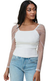 White Swiss Dot Mesh Long Sleeve Square Neck Slim Top