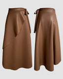 PU Leather Wrap Lace Up Casual Mid Length Skirt Work Skirt
