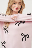 Light Pink Bow Pattern Knitted Loose Fit Sweater