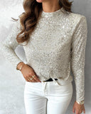 Mock Neck Allover Sequin Top