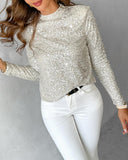 Mock Neck Allover Sequin Top