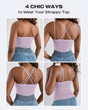 Spaghetti Strap Built in Bra Slim Fit Tank Top Sexy Back Criss Cross Workout Camisole Tops