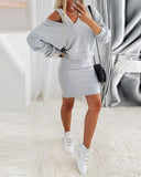 2PCS Striped V Neck Sweatshirt & Thick Strap Bodycon Dress Set