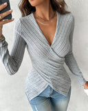 V Neck Overlap Asymmetrical Long Sleeve Top