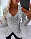 V Neck Overlap Asymmetrical Long Sleeve Top