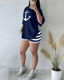 2 Pieces Outfit Anchor Print Round Neck Short Sleeve Casual Top and Striped Print Slim Fit Shorts Set