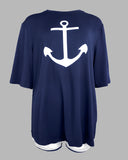 2 Pieces Outfit Anchor Print Round Neck Short Sleeve Casual Top and Striped Print Slim Fit Shorts Set