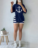 2 Pieces Outfit Anchor Print Round Neck Short Sleeve Casual Top and Striped Print Slim Fit Shorts Set