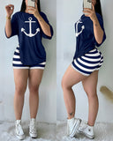 2 Pieces Outfit Anchor Print Round Neck Short Sleeve Casual Top and Striped Print Slim Fit Shorts Set