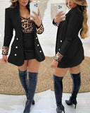 2 Piece Leopard Pattern Shawl Collar Long Sleeve Coat Contrast Sequin Top Work Suit Set