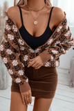 Coffee Floral Print Ribbed Trim Buttoned Cardigan