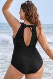 Black Halter Mesh Insert Knotted Back One Piece Plus Size Swimsuit