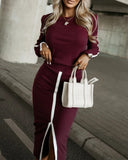 2 Piece O Neck Pullover Casual Top Slit Front Skirt Set Tracksuit