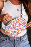 White Flower Print Buckle Wide Strap Crossbody Bag