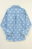 Sky Blue Star Print Light Wash Raw Hem Denim Jacket