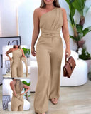One Shoulder Sleeveless Ruched Cinched Waist Zipper Side Overalls Tied Detail Elastic Waist Wide Leg Jumpsuit