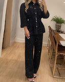 2 Pieces Glitter Stand Collar Three Quarters Sleeve Button Front Blouse and Casual Loose Fit Pants Set